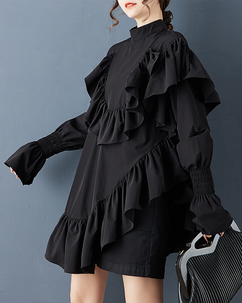 ellazhu Women's Dress Casual Mock Neck Long Sleeve Oversize Pullover Irregular Hem Black Solid GZ629 Black
