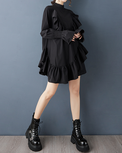 ellazhu Women's Dress Casual Mock Neck Long Sleeve Oversize Pullover Irregular Hem Black Solid GZ629 Black