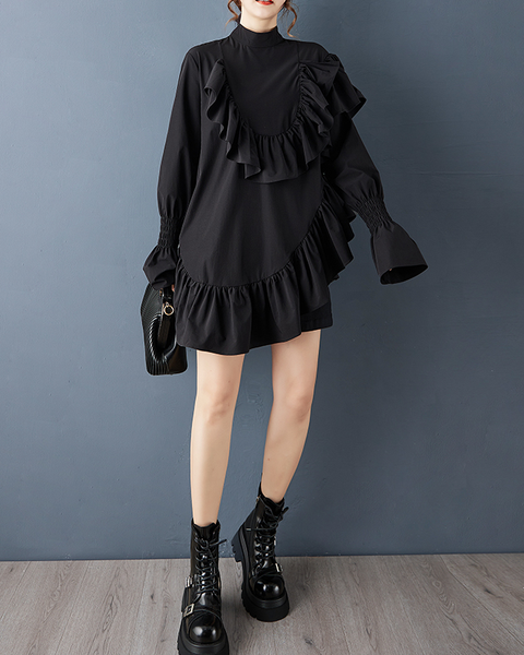 ellazhu Women's Dress Casual Mock Neck Long Sleeve Oversize Pullover Irregular Hem Black Solid GZ629 Black