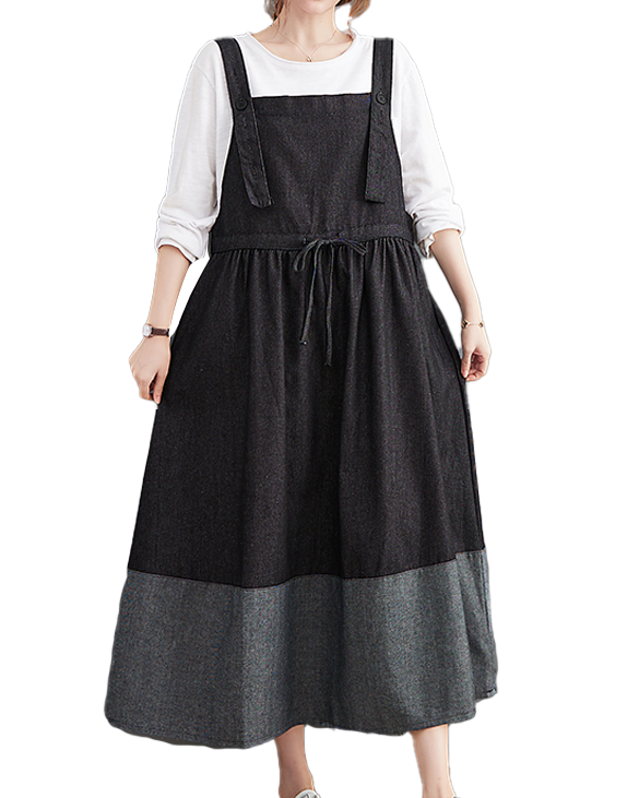ellazhu Women's Dress Casual Sleeveless Suspender Oversize Patchwork Drawstring Long Maxi Hem Side Pockets GZ630 Black