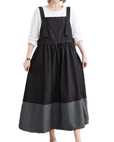 ellazhu Women's Dress Casual Sleeveless Suspender Oversize Patchwork Drawstring Long Maxi Hem Side Pockets GZ630 Black