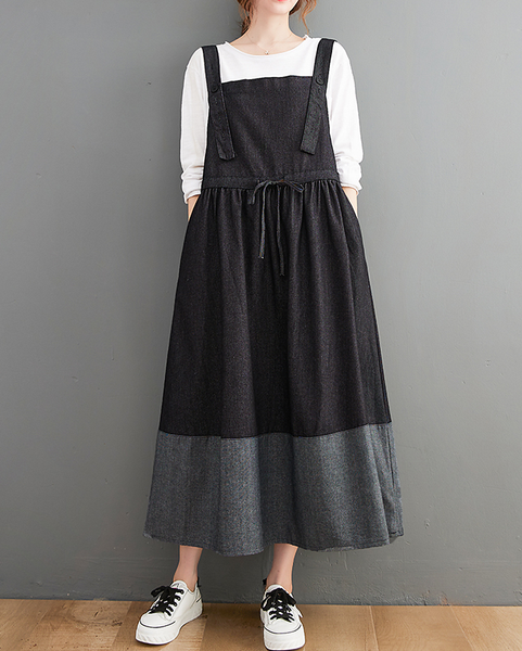 ellazhu Women's Dress Casual Sleeveless Suspender Oversize Patchwork Drawstring Long Maxi Hem Side Pockets GZ630 Black