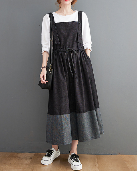 ellazhu Women's Dress Casual Sleeveless Suspender Oversize Patchwork Drawstring Long Maxi Hem Side Pockets GZ630 Black
