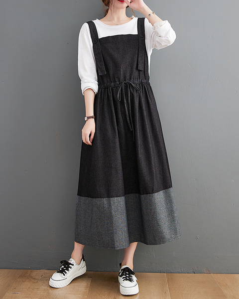 ellazhu Women's Dress Casual Sleeveless Suspender Oversize Patchwork Drawstring Long Maxi Hem Side Pockets GZ630 Black