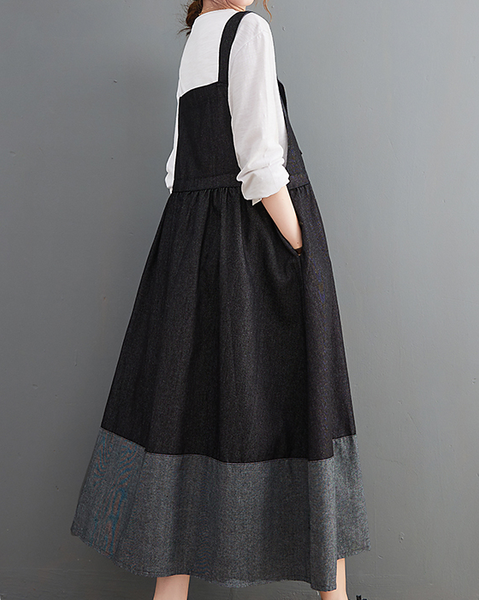 ellazhu Women's Dress Casual Sleeveless Suspender Oversize Patchwork Drawstring Long Maxi Hem Side Pockets GZ630 Black