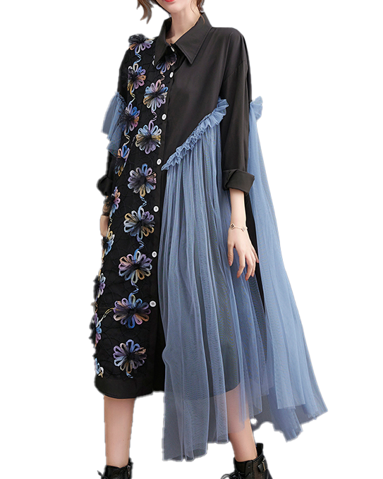 ellazhu Women's Dress Vintage Elegant Lapel Long Sleeve Oversize Patchwork Embroidered Flowy Hem Button Down GZ631 Black