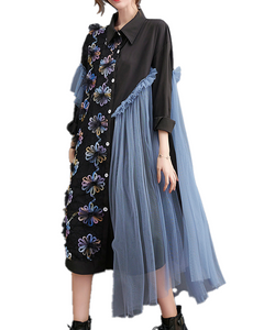 ellazhu Women's Dress Vintage Elegant Lapel Long Sleeve Oversize Patchwork Embroidered Flowy Hem Button Down GZ631 Black