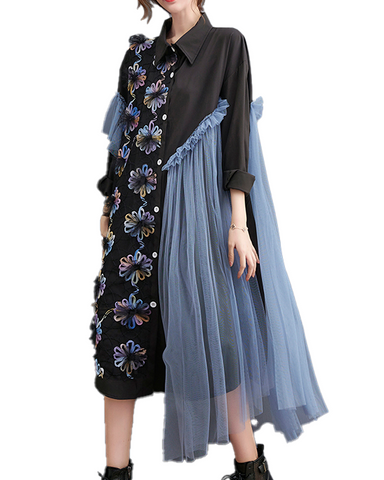 ellazhu Women's Dress Vintage Elegant Lapel Long Sleeve Oversize Patchwork Embroidered Flowy Hem Button Down GZ631 Black