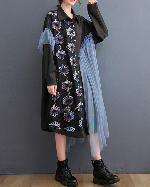 ellazhu Women's Dress Vintage Elegant Lapel Long Sleeve Oversize Patchwork Embroidered Flowy Hem Button Down GZ631 Black