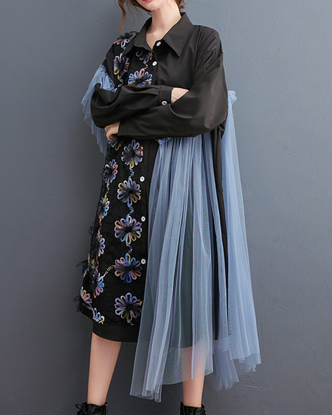 ellazhu Women's Dress Vintage Elegant Lapel Long Sleeve Oversize Patchwork Embroidered Flowy Hem Button Down GZ631 Black