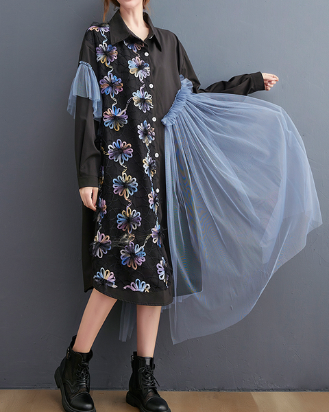 ellazhu Women's Dress Vintage Elegant Lapel Long Sleeve Oversize Patchwork Embroidered Flowy Hem Button Down GZ631 Black
