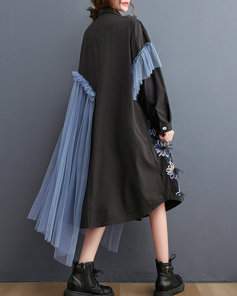 ellazhu Women's Dress Vintage Elegant Lapel Long Sleeve Oversize Patchwork Embroidered Flowy Hem Button Down GZ631 Black