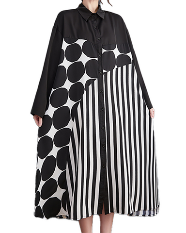 ellazhu Women's Dress Polka Dot Lapel Long Sleeve Oversize Long Maxi Hem Button Down Side Pockets GZ632 Polka Dot