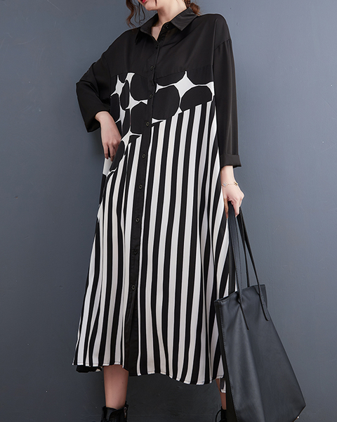ellazhu Women's Dress Polka Dot Lapel Long Sleeve Oversize Long Maxi Hem Button Down Side Pockets GZ632 Polka Dot