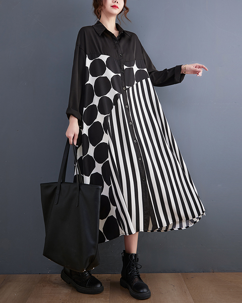 ellazhu Women's Dress Polka Dot Lapel Long Sleeve Oversize Long Maxi Hem Button Down Side Pockets GZ632 Polka Dot