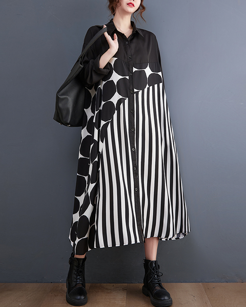 ellazhu Women's Dress Polka Dot Lapel Long Sleeve Oversize Long Maxi Hem Button Down Side Pockets GZ632 Polka Dot