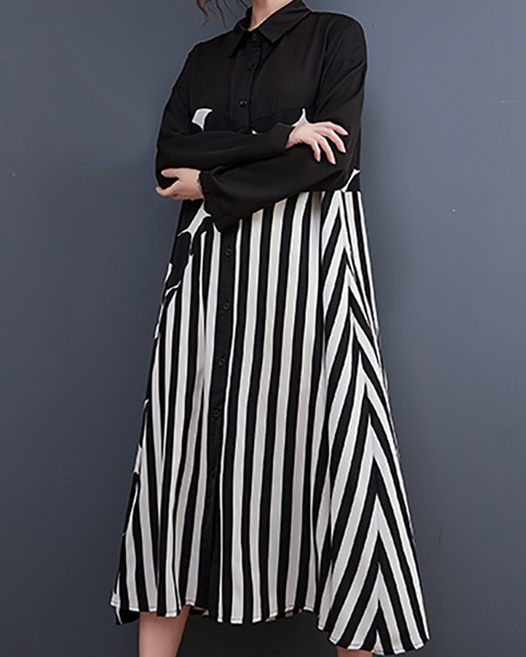 ellazhu Women's Dress Polka Dot Lapel Long Sleeve Oversize Long Maxi Hem Button Down Side Pockets GZ632 Polka Dot