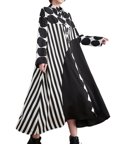 ellazhu Women's Dress Polka Dot Lapel Long Sleeve Oversize Long Maxi Hem Button Down Side Pockets GZ632 Polka Dot