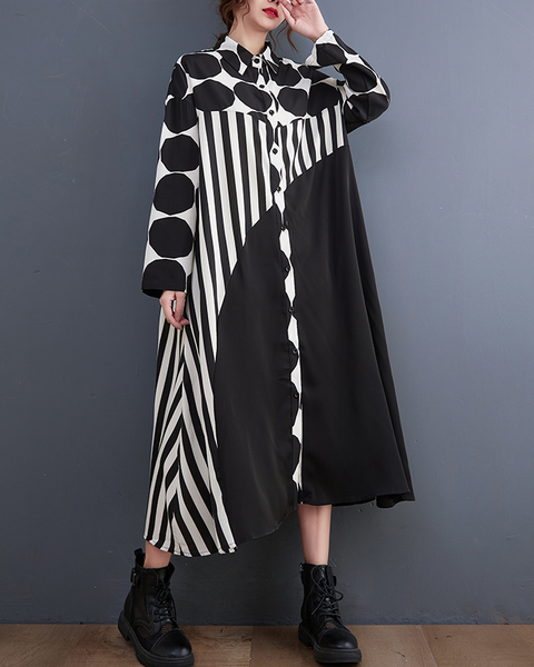 ellazhu Women's Dress Polka Dot Lapel Long Sleeve Oversize Long Maxi Hem Button Down Side Pockets GZ632 Polka Dot
