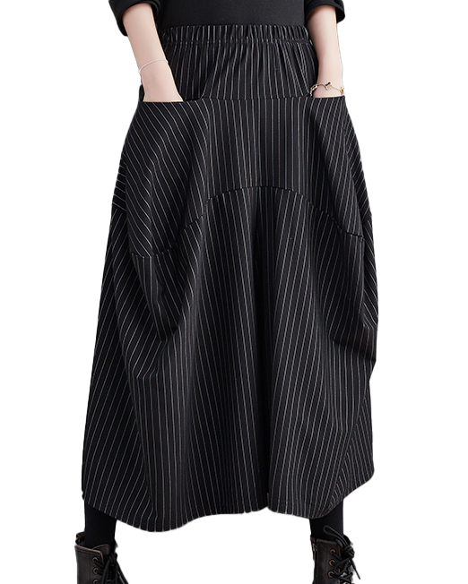 ellazhu Women's Pants Loose Causal Elastic Waist Long Wide Leg Side Pockets Black Striped GZ633 Black