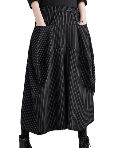 ellazhu Women's Pants Loose Causal Elastic Waist Long Wide Leg Side Pockets Black Striped GZ633 Black