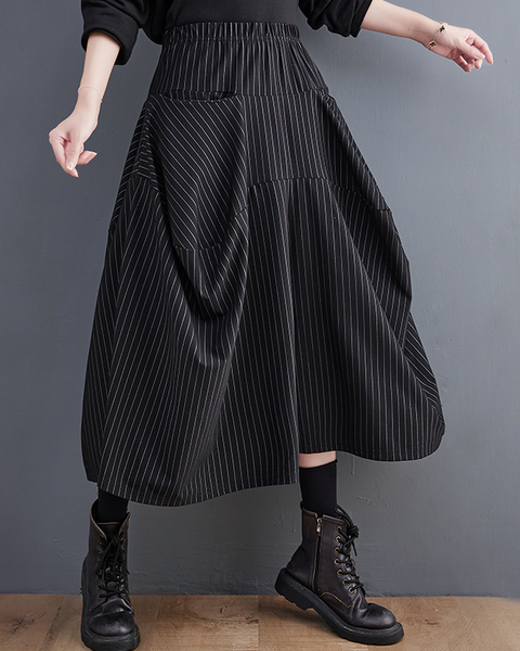 ellazhu Women's Pants Loose Causal Elastic Waist Long Wide Leg Side Pockets Black Striped GZ633 Black