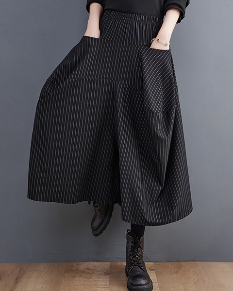 ellazhu Women's Pants Loose Causal Elastic Waist Long Wide Leg Side Pockets Black Striped GZ633 Black