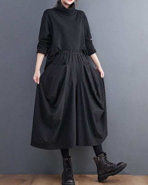 ellazhu Women's Pants Loose Causal Elastic Waist Long Wide Leg Side Pockets Black Striped GZ633 Black