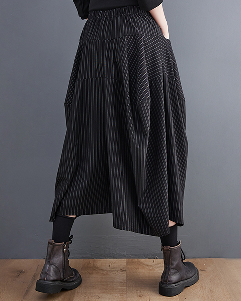 ellazhu Women's Pants Loose Causal Elastic Waist Long Wide Leg Side Pockets Black Striped GZ633 Black