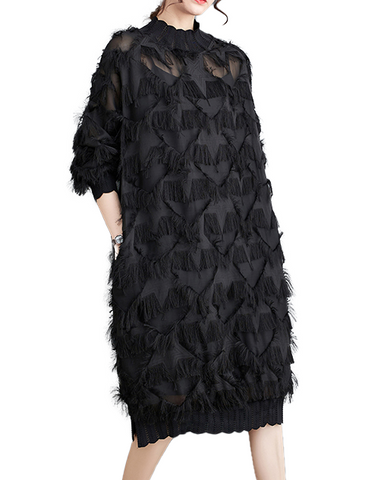 ellazhu Women's Dress Long Sleeve Oversize Split Hem Mesh Midi Length Black Solid GZ634 Black