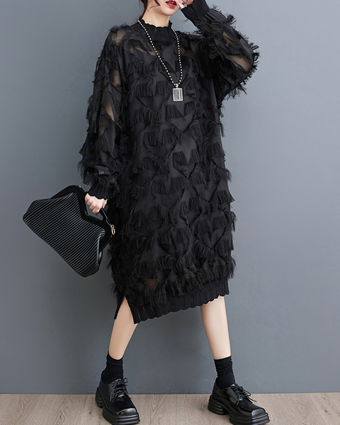 ellazhu Women's Dress Long Sleeve Oversize Split Hem Mesh Midi Length Black Solid GZ634 Black