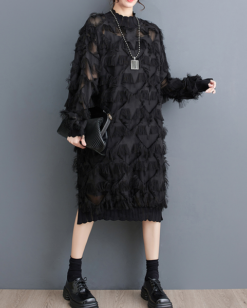 ellazhu Women's Dress Long Sleeve Oversize Split Hem Mesh Midi Length Black Solid GZ634 Black