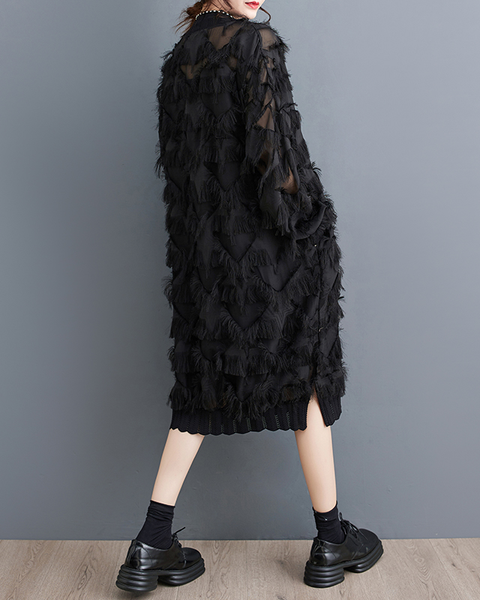 ellazhu Women's Dress Long Sleeve Oversize Split Hem Mesh Midi Length Black Solid GZ634 Black