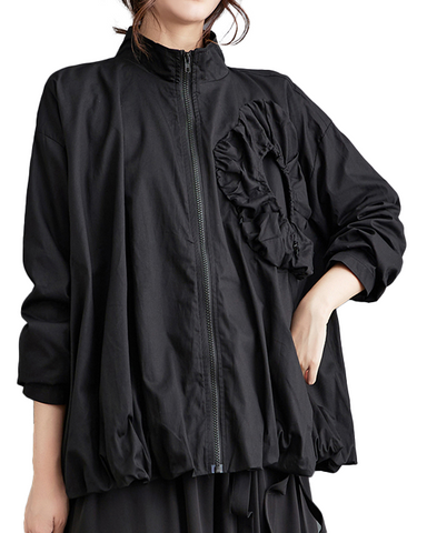 ellazhu Women's Coats Trench Mock Neck Long Sleeve Oversize Zip Up Side Pockets Black Solid Outerwear GZ635 Black