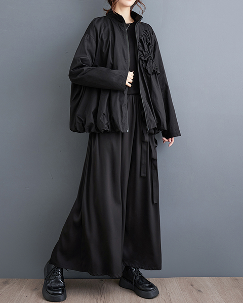 ellazhu Women's Coats Trench Mock Neck Long Sleeve Oversize Zip Up Side Pockets Black Solid Outerwear GZ635 Black
