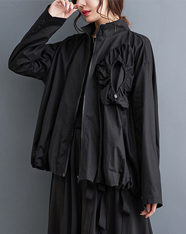 ellazhu Women's Coats Trench Mock Neck Long Sleeve Oversize Zip Up Side Pockets Black Solid Outerwear GZ635 Black