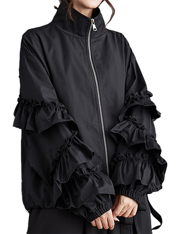 ellazhu Women's Coats Trench Mock Neck Long Sleeve Oversize Zip Up Side Pockets Solid Ruffled Outerwear GZ638 Black