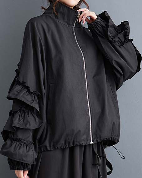 ellazhu Women's Coats Trench Mock Neck Long Sleeve Oversize Zip Up Side Pockets Solid Ruffled Outerwear GZ638 Black