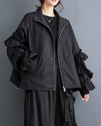 ellazhu Women's Coats Trench Mock Neck Long Sleeve Oversize Zip Up Side Pockets Solid Ruffled Outerwear GZ638 Black