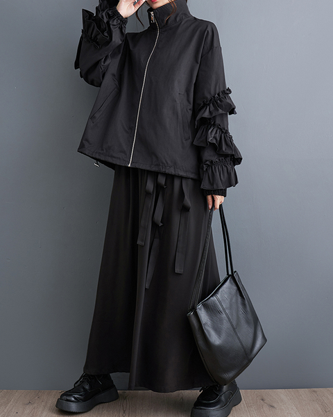 ellazhu Women's Coats Trench Mock Neck Long Sleeve Oversize Zip Up Side Pockets Solid Ruffled Outerwear GZ638 Black