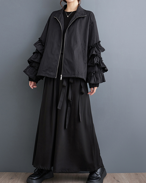ellazhu Women's Coats Trench Mock Neck Long Sleeve Oversize Zip Up Side Pockets Solid Ruffled Outerwear GZ638 Black