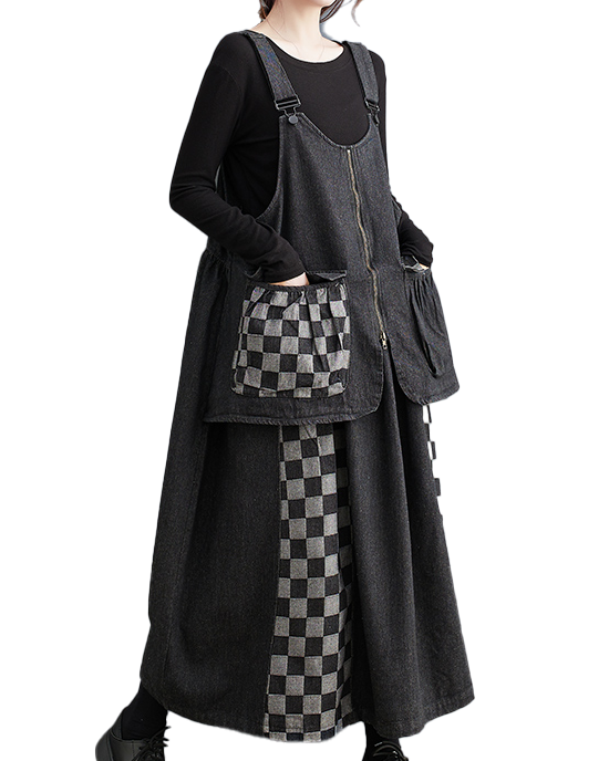 ellazhu Women's Dress Casual Suspender Sleeveless Oversize Patchwork Zip Up Side Pockets Long Maxi Hem GZ639 Black