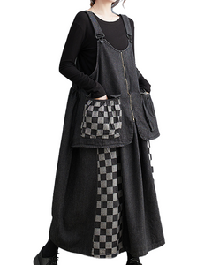 ellazhu Women's Dress Casual Suspender Sleeveless Oversize Patchwork Zip Up Side Pockets Long Maxi Hem GZ639 Black