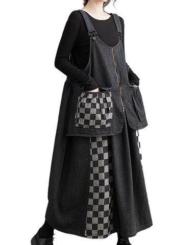 ellazhu Women's Dress Casual Suspender Sleeveless Oversize Patchwork Zip Up Side Pockets Long Maxi Hem GZ639 Black