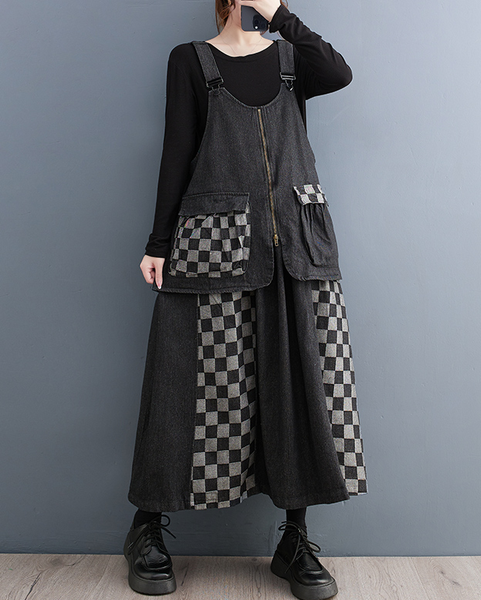 ellazhu Women's Dress Casual Suspender Sleeveless Oversize Patchwork Zip Up Side Pockets Long Maxi Hem GZ639 Black