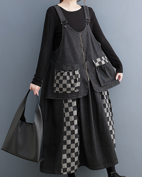 ellazhu Women's Dress Casual Suspender Sleeveless Oversize Patchwork Zip Up Side Pockets Long Maxi Hem GZ639 Black