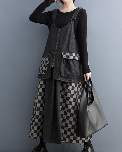 ellazhu Women's Dress Casual Suspender Sleeveless Oversize Patchwork Zip Up Side Pockets Long Maxi Hem GZ639 Black
