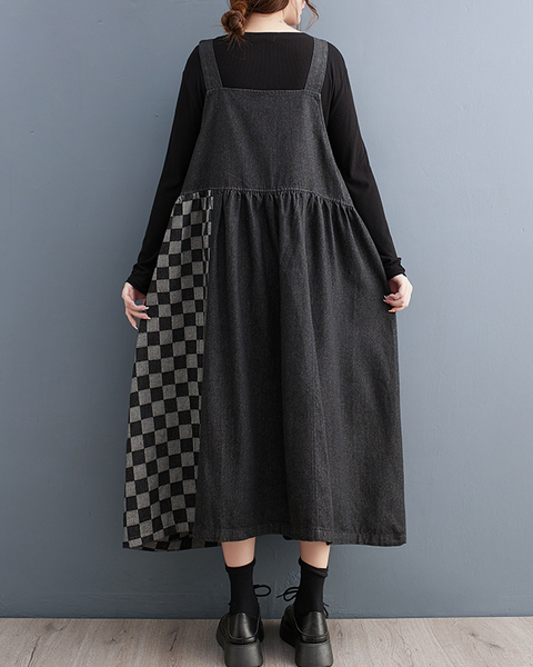 ellazhu Women's Dress Casual Suspender Sleeveless Oversize Patchwork Zip Up Side Pockets Long Maxi Hem GZ639 Black