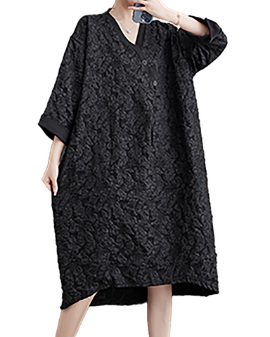 ellazhu Women's Dress Casual V Neck Long Sleeve Oversize Printed Side Pockets High Low Long Maxi Hem GZ641 Black