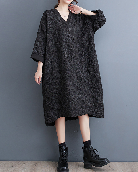ellazhu Women's Dress Casual V Neck Long Sleeve Oversize Printed Side Pockets High Low Long Maxi Hem GZ641 Black